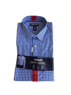 Kirkland Blue Check Plaid CoolMax Collared Button Up Men Sz M 15-15.5 34/35